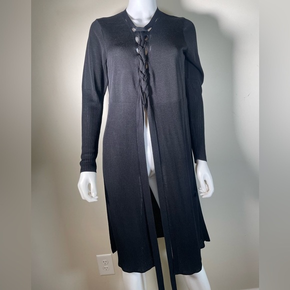 Per Se Womens Sz M Black Open Knit Long Cardigan Duster Sweater Boho Festival - Picture 14 of 16